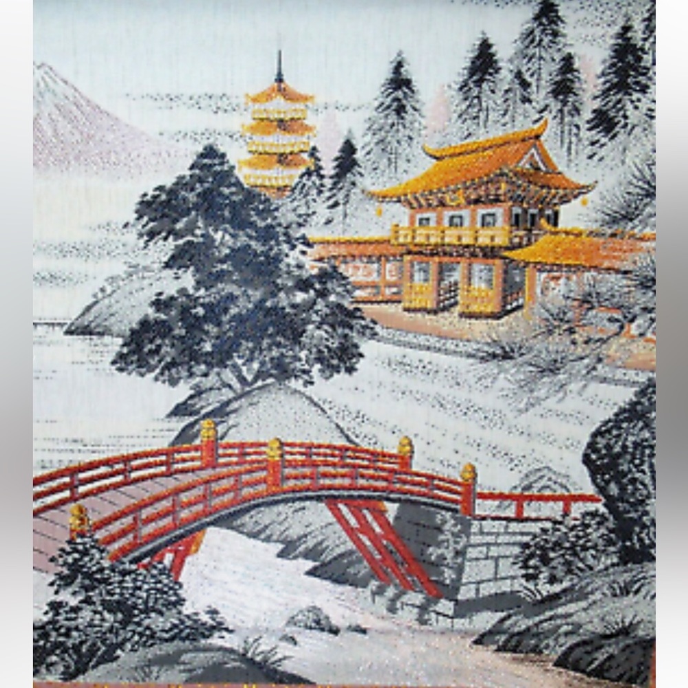 1972 Vintage Embroidered Silk Framed Art Japanese Garden